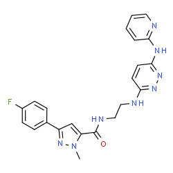 ChemSpider 2D Image | 3-(4-Fluorophenyl)-1-methyl-N-(2-{[6-(2-pyridinylamino)-3-pyridazinyl]amino}ethyl)-1H-pyrazole-5-carboxamide | C22H21FN8O