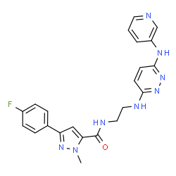 ChemSpider 2D Image | 3-(4-Fluorophenyl)-1-methyl-N-(2-{[6-(3-pyridinylamino)-3-pyridazinyl]amino}ethyl)-1H-pyrazole-5-carboxamide | C22H21FN8O