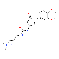 ChemSpider 2D Image | 3-({[(3R)-1-(2,3-Dihydro-1,4-benzodioxin-6-yl)-5-oxo-3-pyrrolidinyl]carbamoyl}amino)-N,N-dimethyl-1-propanaminium | C18H27N4O4