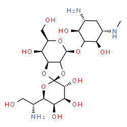 ChemSpider 2D Image | (2S,3'R,4S,4'S,5'R,6R,6'R,7S,7aS)-4-{[(2S,3R,5S,6R)-3-Amino-2,6-dihydroxy-5-(methylamino)cyclohexyl]oxy}-6'-[(1R)-1-amino-2-hydroxyethyl]-6-(hydroxymethyl)octahydro-4H-spiro[1,3-dioxolo[4,5-c]pyran-2,
2'-pyran]-3',4',5',7-tetrol (non-preferred name) | C20H37N3O13