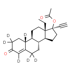 ChemSpider 2D Image | (8R,9S,10R,13S,14S,17R)-13-Ethyl-17-ethynyl-3-oxo(2,2,4,6,6,10-~2~H_6_)-2,3,6,7,8,9,10,11,12,13,14,15,16,17-tetradecahydro-1H-cyclopenta[a]phenanthren-17-yl acetate (non-preferred name) | C23H24D6O3