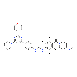 ChemSpider 2D Image | 1-[4-{[4-(Dimethylamino)-1-piperidinyl]carbonyl}(~2~H_4_)phenyl]-3-{4-[4,6-di(4-morpholinyl)-1,3,5-triazin-2-yl]phenyl}urea | C32H37D4N9O4