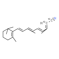 ChemSpider 2D Image | (4E,6E,8E)-3,7-Dimethyl-9-(2,6,6-trimethyl-1-cyclohexen-1-yl)(1,2-~13~C_2_)-2,4,6,8-nonatetraenenitrile | C1813C2H27N
