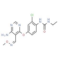 ChemSpider 2D Image | 1-[4-({6-Amino-5-[(Z)-(methoxyimino)methyl]-4-pyrimidinyl}oxy)-2-chlorophenyl]-3-ethylurea | C15H17ClN6O3