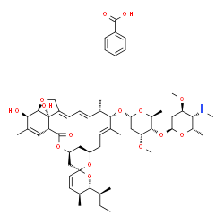 ChemSpider 2D Image | (1'R,2S,4'S,5S,6R,8'R,10'E,12'S,13'S,14'E,16'E,20'R,21'R,24'S)-6-[(2S)-2-Butanyl]-21',24'-dihydroxy-5,11',13',22'-tetramethyl-2'-oxo-5,6-dihydrospiro[pyran-2,6'-[3,7,19]trioxatetracyclo[15.6.1.1~4,8~.
0~20,24~]pentacosa[10,14,16,22]tetraen]-12'-yl 2,6-dideoxy-3-O-methyl-4-O-[2,4,6-trideoxy-3-O-methyl-4-(methylamino)-alpha-L-xylo-hexopyranosyl]-alpha-L-ribo-hexopyranoside benzoate (1:1) | C56H81NO15