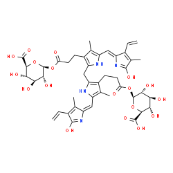 ChemSpider 2D Image | (2S,3S,4S,5R,6S)-6-[3-[2-[[3-[3-[(2S,3R,4S,5S,6S)-6-carboxy-3,4,5-trihydroxy-tetrahydropyran-2-yl]oxy-3-oxo-propyl]-5-[(Z)-(5-hydroxy-4-methyl-3-vinyl-pyrrol-2-ylidene)methyl]-4-methyl-1H-pyrrol-2-yl]methyl]-5-[(E)-(5-hydroxy-3-methyl-4-vinyl-pyrrol-2-ylidene)methyl]-4-methyl-1H-pyrrol-3-yl]propanoyloxy]-3,4,5-trihydroxy-tetrahydropyran-2-carboxylic acid | C45H52N4O18