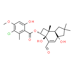 ChemSpider 2D Image | (2R,2aS,7aR,7bR)-3-Formyl-2a,4a-dihydroxy-6,6,7b-trimethyl-2,2a,4a,5,6,7,7a,7b-octahydro-1H-cyclobuta[e]inden-2-yl 3-chloro-6-hydroxy-4-methoxy-2-methylbenzoate | C24H29ClO7