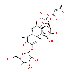 ChemSpider 2D Image | Methyl (11beta,12alpha,15beta)-2-(beta-D-glucopyranosyloxy)-11,12-dihydroxy-15-[(3-methyl-2-butenoyl)oxy]-3,16-dioxo-13,20-epoxypicras-1-en-21-oate | C32H42O16