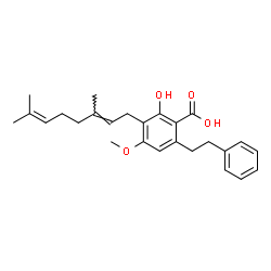 ChemSpider 2D Image | 3-(3,7-Dimethyl-2,6-octadien-1-yl)-2-hydroxy-4-methoxy-6-(2-phenylethyl)benzoic acid | C26H32O4