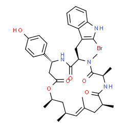 ChemSpider 2D Image | (4R,7R,10R,13S,15E,17S,19R)-7-[(2-Bromo-1H-indol-3-yl)methyl]-4-(4-hydroxyphenyl)-8,10,13,15,17,19-hexamethyl-1-oxa-5,8,11-triazacyclononadec-15-ene-2,6,9,12-tetrone | C36H45BrN4O6