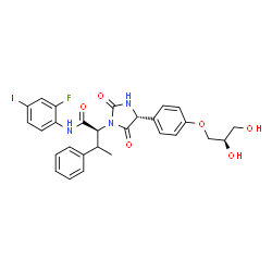 ChemSpider 2D Image | (2S)-2-[(4R)-4-{4-[(2R)-2,3-Dihydroxypropoxy]phenyl}-2,5-dioxo-1-imidazolidinyl]-N-(2-fluoro-4-iodophenyl)-3-phenylbutanamide | C28H27FIN3O6