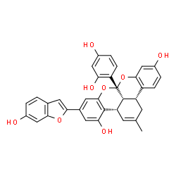 ChemSpider 2D Image | (3aS,8aR,13bR,13cR)-8a-(2,4-Dihydroxyphenyl)-6-(6-hydroxy-1-benzofuran-2-yl)-2-methyl-1,8a,13b,13c-tetrahydro-3aH-benzo[3,4]isochromeno[1,8-bc]chromene-4,11-diol | C34H26O8
