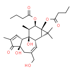 ChemSpider 2D Image | (1aS,1bS,4aR,7aR,7bR,8S,9R,9aR)-4a,7b-Dihydroxy-3-(hydroxymethyl)-1,1,6,8-tetramethyl-5-oxo-1,1a,1b,4,4a,5,7a,7b,8,9-decahydro-9aH-cyclopropa[3,4]benzo[1,2-e]azulene-9,9a-diyl dibutanoate | C28H40O8