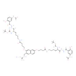 ChemSpider 2D Image | Bis(2-methyl-2-propanyl) {[3-(carbamimidamidomethyl)-2,7-naphthalenediyl]bis[oxy(1-oxo-4,1-butanediyl)imino{(2S)-1-[2-(5-acetamido-2-methoxybenzoyl)hydrazino]-1-oxo-6,2-hexanediyl}]}biscarbamate (non-
preferred name) | C62H87N13O16