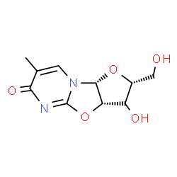 ChemSpider 2D Image | (2R,3aS,9aR)-3-Hydroxy-2-(hydroxymethyl)-7-methyl-2,3,3a,9a-tetrahydro-6H-furo[2',3':4,5][1,3]oxazolo[3,2-a]pyrimidin-6-one | C10H12N2O5