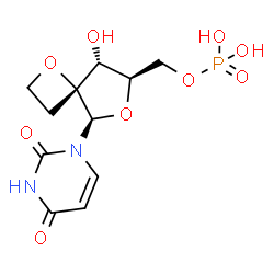 ChemSpider 2D Image | [(4R,5R,7R,8R)-5-(2,4-Dioxo-3,4-dihydro-1(2H)-pyrimidinyl)-8-hydroxy-1,6-dioxaspiro[3.4]oct-7-yl]methyl dihydrogen phosphate | C11H15N2O9P