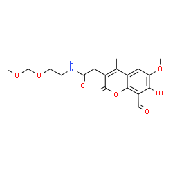 ChemSpider 2D Image | 2-(8-Formyl-7-hydroxy-6-methoxy-4-methyl-2-oxo-2H-chromen-3-yl)-N-[2-(methoxymethoxy)ethyl]acetamide | C18H21NO8