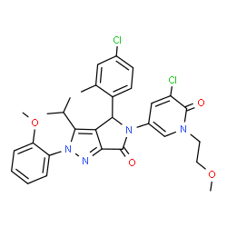 ChemSpider 2D Image | 5-[5-Chloro-1-(2-methoxyethyl)-6-oxo-1,6-dihydro-3-pyridinyl]-4-(4-chloro-2-methylphenyl)-3-isopropyl-2-(2-methoxyphenyl)-4,5-dihydropyrrolo[3,4-c]pyrazol-6(2H)-one | C30H30Cl2N4O4