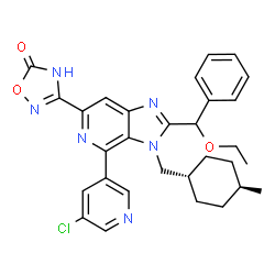 ChemSpider 2D Image | 3-{4-(5-Chloro-3-pyridinyl)-2-[ethoxy(phenyl)methyl]-3-[(trans-4-methylcyclohexyl)methyl]-3H-imidazo[4,5-c]pyridin-6-yl}-1,2,4-oxadiazol-5(4H)-one | C30H31ClN6O3