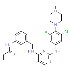 ChemSpider 2D Image | N-(3-{[(5-Chloro-2-{[3,5-dichloro-4-(4-methyl-1-piperazinyl)phenyl]amino}-4-pyrimidinyl)amino]methyl}phenyl)acrylamide | C25H26Cl3N7O