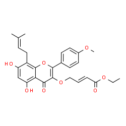 ChemSpider 2D Image | Ethyl (2E)-4-{[5,7-dihydroxy-2-(4-methoxyphenyl)-8-(3-methyl-2-buten-1-yl)-4-oxo-4H-chromen-3-yl]oxy}-2-butenoate | C27H28O8