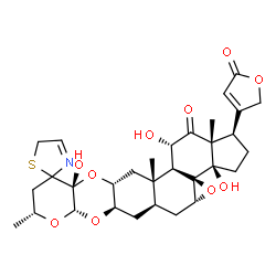 ChemSpider 2D Image | (1R,3aR,3bR,4aR,5aR,6aR,7aS,9R,11aR,12aR,13aS,13bS,14S,15aR)-3a,11a,14-Trihydroxy-9,13a,15a-trimethyl-1-(5-oxo-2,5-dihydro-3-furanyl)-2,3,3a,4a,5,5a,6,6a,7a,9,10,11a,12a,13,13a,13b,14,15a-octadecahydr
o-5'H-spiro[cyclopenta[7,8]oxireno[8a,9]phenanthro[2,3-b]pyrano[3,2-e][1,4]dioxine-11,2'-[1,3]thiazol]-15(1H)-one | C31H39NO10S