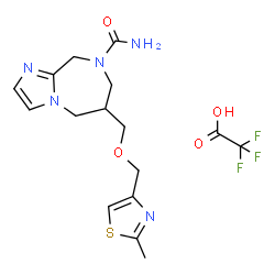 ChemSpider 2D Image | 6-{[(2-Methyl-1,3-thiazol-4-yl)methoxy]methyl}-6,7-dihydro-5H-imidazo[1,2-a][1,4]diazepine-8(9H)-carboxamide trifluoroacetate (1:1) | C16H20F3N5O4S