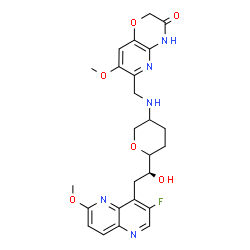 ChemSpider 2D Image | 6-[({6-[(1S)-2-(3-Fluoro-6-methoxy-1,5-naphthyridin-4-yl)-1-hydroxyethyl]tetrahydro-2H-pyran-3-yl}amino)methyl]-7-methoxy-2H-pyrido[3,2-b][1,4]oxazin-3(4H)-one | C25H28FN5O6