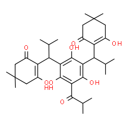 ChemSpider 2D Image | 2,2'-[(2,4,6-Trihydroxy-5-isobutyryl-1,3-phenylene)bis(2-methyl-1,1-propanediyl)]bis(3-hydroxy-5,5-dimethyl-2-cyclohexen-1-one) | C34H48O8