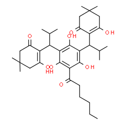ChemSpider 2D Image | 2,2'-[(5-Hexanoyl-2,4,6-trihydroxy-1,3-phenylene)bis(2-methyl-1,1-propanediyl)]bis(3-hydroxy-5,5-dimethyl-2-cyclohexen-1-one) | C36H52O8