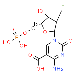 ChemSpider 2D Image | 4-Amino-1-(2-deoxy-2-fluoro-5-O-phosphono-beta-D-arabinofuranosyl)-2-oxo-1,2-dihydro-5-pyrimidinecarboxylic acid | C10H13FN3O9P