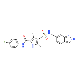 ChemSpider 2D Image | N-(4-Fluorophenyl)-4-(2H-indazol-6-ylsulfamoyl)-3,5-dimethyl-1H-pyrrole-2-carboxamide | C20H18FN5O3S