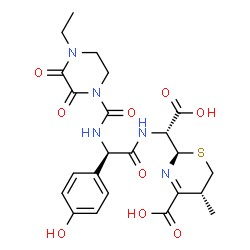 ChemSpider 2D Image | (2R,5R)-2-[(R)-Carboxy{[(2R)-2-{[(4-ethyl-2,3-dioxo-1-piperazinyl)carbonyl]amino}-2-(4-hydroxyphenyl)acetyl]amino}methyl]-5-methyl-5,6-dihydro-2H-1,3-thiazine-4-carboxylic acid | C23H27N5O9S