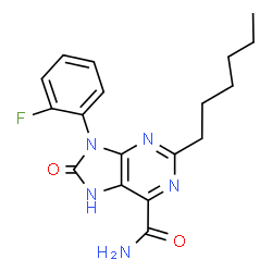 ChemSpider 2D Image | 9-(2-Fluorophenyl)-2-hexyl-8-oxo-8,9-dihydro-7H-purine-6-carboxamide | C18H20FN5O2