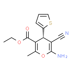 ChemSpider 2D Image | Ethyl (4R)-6-amino-5-cyano-2-methyl-4-(2-thienyl)-4H-pyran-3-carboxylate | C14H14N2O3S