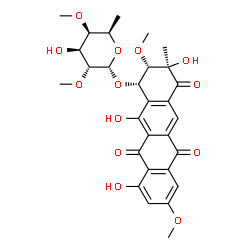ChemSpider 2D Image | (1S,2S,3R)-3,10,12-Trihydroxy-2,8-dimethoxy-3-methyl-4,6,11-trioxo-1,2,3,4,6,11-hexahydro-1-tetracenyl 6-deoxy-2,4-di-O-methyl-alpha-D-galactopyranoside | C29H32O13