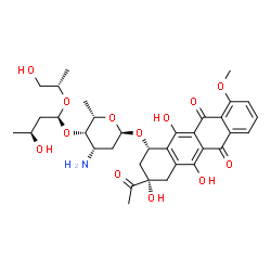 ChemSpider 2D Image | (1S,3S)-3-Acetyl-3,5,12-trihydroxy-10-methoxy-6,11-dioxo-1,2,3,4,6,11-hexahydro-1-tetracenyl 3-amino-2,3,6-trideoxy-4-O-[(1S,3S)-3-hydroxy-1-{[(2S)-1-hydroxy-2-propanyl]oxy}butyl]-alpha-L-lyxo-hexopyr
anoside | C34H43NO13