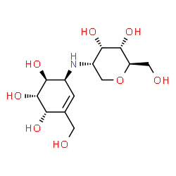 ChemSpider 2D Image | 1,5-Anhydro-2-deoxy-2-{[(1S,4S,5S,6S)-4,5,6-trihydroxy-3-(hydroxymethyl)-2-cyclohexen-1-yl]amino}-D-allitol | C13H23NO8