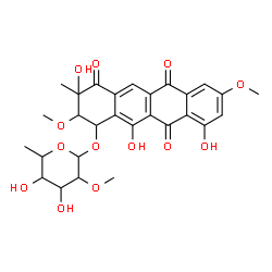 ChemSpider 2D Image | 3,10,12-Trihydroxy-2,8-dimethoxy-3-methyl-4,6,11-trioxo-1,2,3,4,6,11-hexahydro-1-tetracenyl 6-deoxy-2-O-methylhexopyranoside | C28H30O13