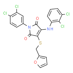 ChemSpider 2D Image | 1-(3,4-Dichlorophenyl)-3-[(2,3-dichlorophenyl)amino]-4-[(2-furylmethyl)sulfanyl]-1H-pyrrole-2,5-dione | C21H12Cl4N2O3S