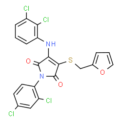 ChemSpider 2D Image | 1-(2,4-Dichlorophenyl)-3-[(2,3-dichlorophenyl)amino]-4-[(2-furylmethyl)sulfanyl]-1H-pyrrole-2,5-dione | C21H12Cl4N2O3S