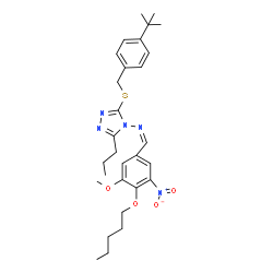 ChemSpider 2D Image | (Z)-1-[3-Methoxy-5-nitro-4-(pentyloxy)phenyl]-N-(3-{[4-(2-methyl-2-propanyl)benzyl]sulfanyl}-5-propyl-4H-1,2,4-triazol-4-yl)methanimine | C29H39N5O4S
