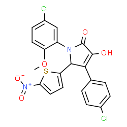 ChemSpider 2D Image | 1-(5-Chloro-2-methoxyphenyl)-4-(4-chlorophenyl)-3-hydroxy-5-(5-nitro-2-thienyl)-1,5-dihydro-2H-pyrrol-2-one | C21H14Cl2N2O5S