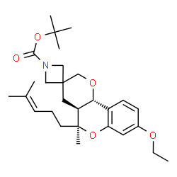 ChemSpider 2D Image | 2-Methyl-2-propanyl (4a'S,5'S,10b'S)-8'-ethoxy-5'-methyl-5'-(4-methyl-3-penten-1-yl)-4a',10b'-dihydro-1H,4'H,5'H-spiro[azetidine-3,3'-pyrano[3,2-c]chromene]-1-carboxylate | C28H41NO5