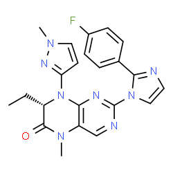ChemSpider 2D Image | (7S)-7-Ethyl-2-[2-(4-fluorophenyl)-1H-imidazol-1-yl]-5-methyl-8-(1-methyl-1H-pyrazol-3-yl)-7,8-dihydro-6(5H)-pteridinone | C22H21FN8O