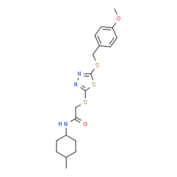 ChemSpider 2D Image | 2-({5-[(4-Methoxybenzyl)sulfanyl]-1,3,4-thiadiazol-2-yl}sulfanyl)-N-(4-methylcyclohexyl)acetamide | C19H25N3O2S3