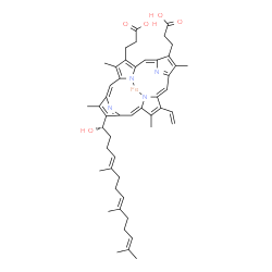 ChemSpider 2D Image | [3,3'-{8-[(1S,4E,8E)-1-Hydroxy-5,9,13-trimethyl-4,8,12-tetradecatrien-1-yl]-3,7,12,17-tetramethyl-13-vinyl-2,18-porphyrindiyl-kappa~2~N~21~,N~23~}dipropanoato(2-)]iron | C49H58FeN4O5