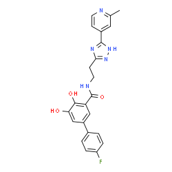 ChemSpider 2D Image | 4'-Fluoro-4,5-dihydroxy-N-{2-[5-(2-methyl-4-pyridinyl)-1H-1,2,4-triazol-3-yl]ethyl}-3-biphenylcarboxamide | C23H20FN5O3