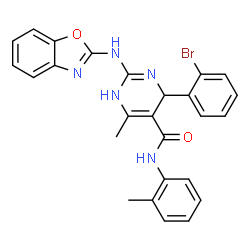 ChemSpider 2D Image | 2-(1,3-Benzoxazol-2-ylamino)-4-(2-bromophenyl)-6-methyl-N-(2-methylphenyl)-1,4-dihydro-5-pyrimidinecarboxamide | C26H22BrN5O2