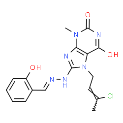 ChemSpider 2D Image | 7-[(2Z)-3-Chloro-2-buten-1-yl]-6-hydroxy-8-[(2E)-2-(2-hydroxybenzylidene)hydrazino]-3-methyl-3,7-dihydro-2H-purin-2-one | C17H17ClN6O3